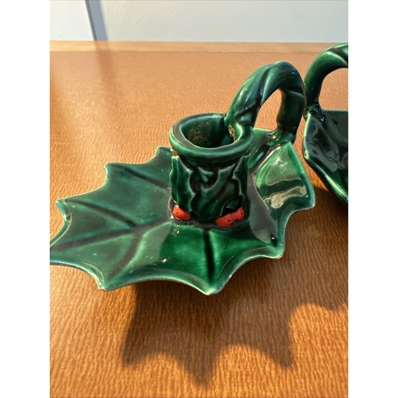 Vintage Christmas Ceramic Mold Holly Leaf Candle Holders 1980 Holiday - Picture 2 of 5
